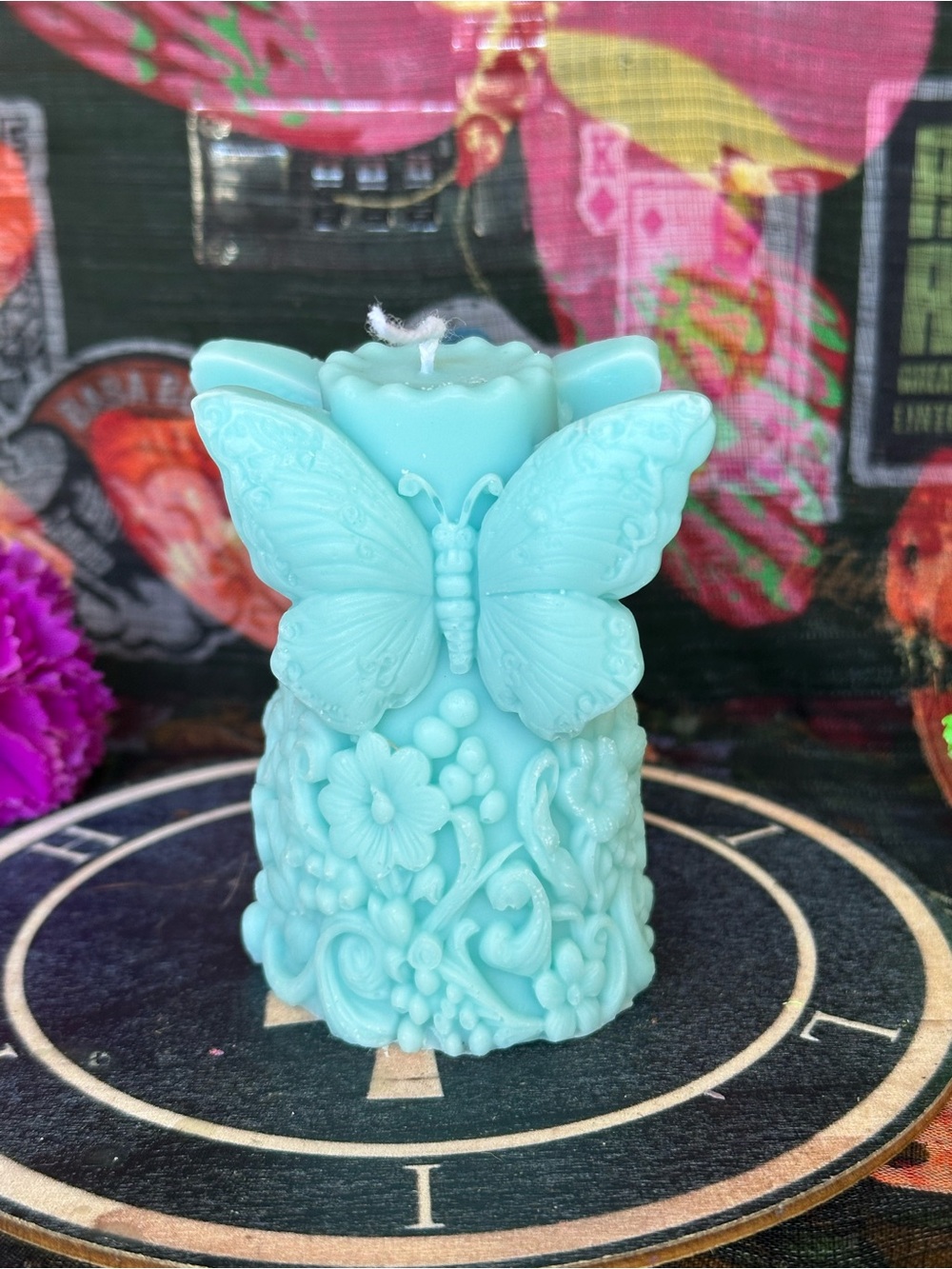 Handmade Butterfly Garden Candle – Light Blue Floral Pillar Candle